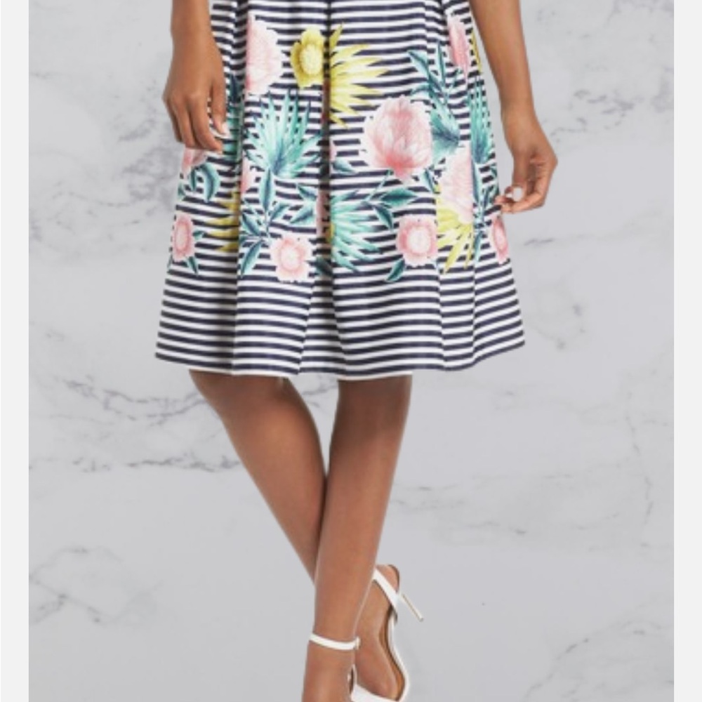 Eliza J Striped Floral A-Line Skirt